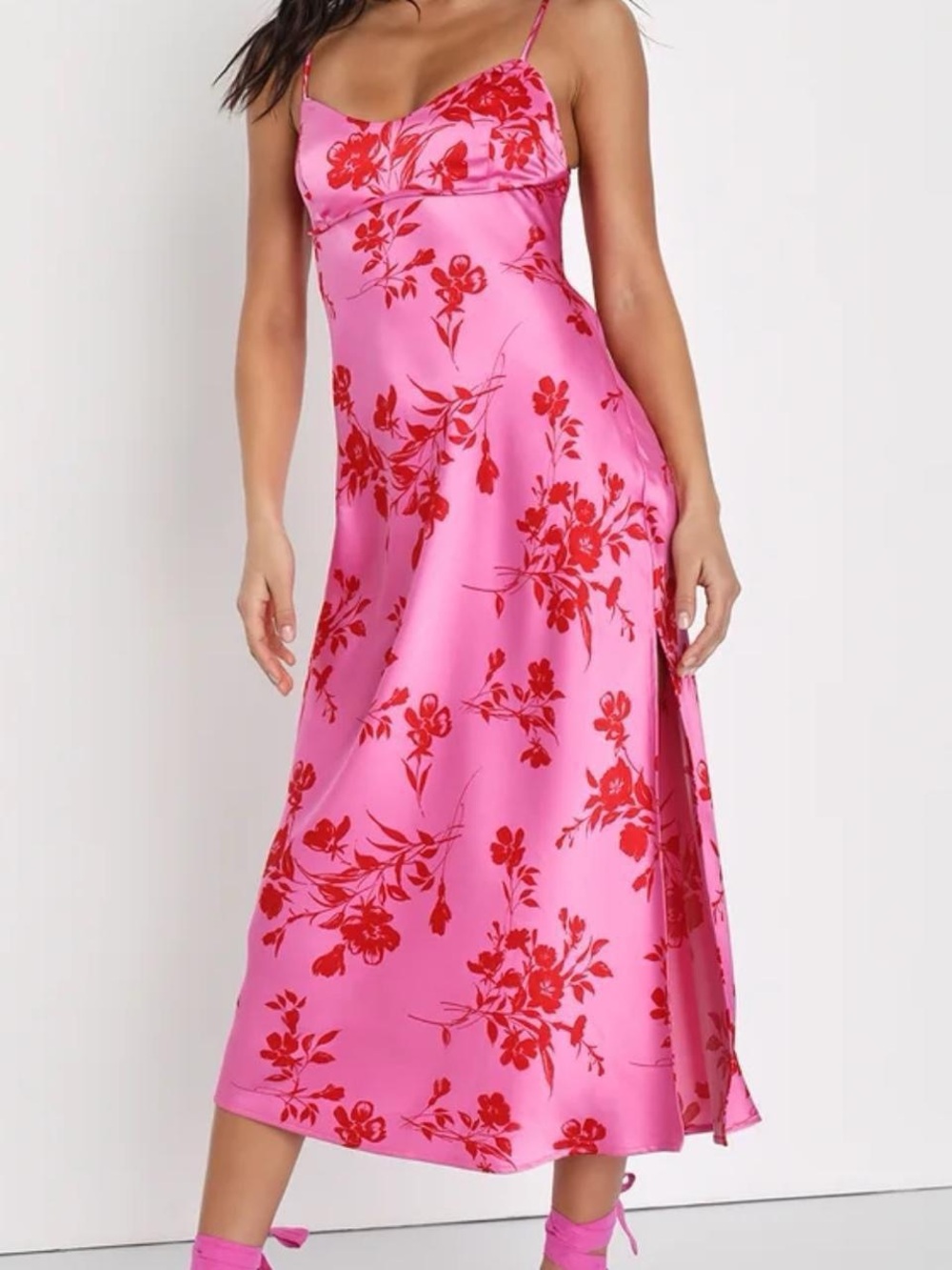 Pink & Red Floral Slip Midi Dress